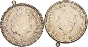 Нидерланды 10 гульденов 1970 25 лет освобождения от фашизма (1945-1970), Юлиана, кулон в оправе KM 195 серебро 1066-10-12