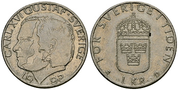 Швеция 1 крона 1992 Карл XVI Густав (1973- ) KM 852a медно-никель 4167-446