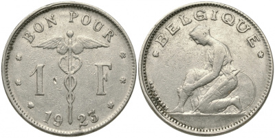 Бельгия 1 франк 1923 Belgique, Альберт I (1909-1934) KM 89 никель 51-1926
