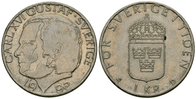 Швеция 1 крона 1992 Карл XVI Густав (1973- ) KM 852a медно-никель 4167-446
