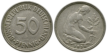 ФРГ 50 ПФЕННИГОВ 1950 J KM 109.1, J. 384 медно-никель 41-1157