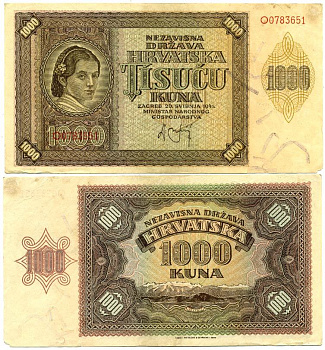 Хорватия 1000 кун 1941 женщина, горы Велебит Pick 4 бумага 3295-38-1