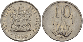 ЮАР 10 ЦЕНТОВ 1980 ГЕРБ, ЦВЕТОК АЛОЭ KM 85 никель 67-422