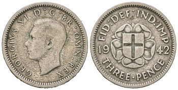 Великобритания 3 пенса 1942 Георг VI (1936-1952) KM 848, Spink 4085 серебро 4618-1028