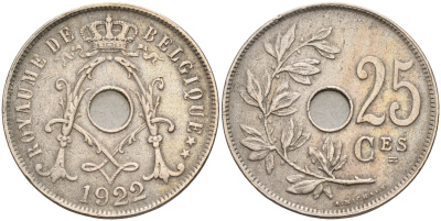Бельгия 25 сантимов 1922 Belgique KM 68.1 медно-никель 4589-744