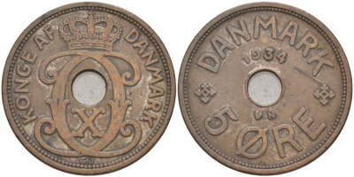ДАНИЯ 5 ЭРЕ 1934 N; GJ, КРИСТИАН X (1912-1947) KM 828.2 бронза 69-532