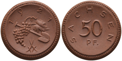 Саксония 50 пфеннигов 1921 виноград и лопата J. N 54 фарфор 1094-5-64
