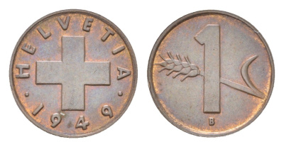 Швейцария 1 раппен 1949 B KM 46 бронза 4705-1162