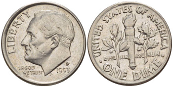 США 10 ЦЕНТОВ = 1ДАЙМ 1993 Р, РУЗВЕЛЬТ KM 195а медь плакированная медно-никелем 4544-245