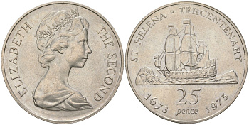 Остров Святой Елены 25 пенсов 1973 300 лет восстановлению британского владения островом KM 5 медно-никель BU 00-1067-6-64