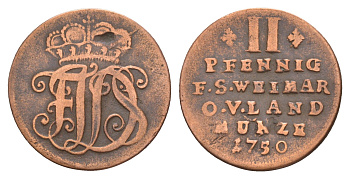 Саксен-Веймар-Эйзенах 2 пфеннига 1750 KM 57 медь 4654-847