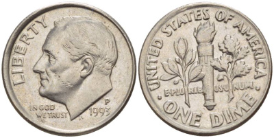 США 10 ЦЕНТОВ = 1ДАЙМ 1993 Р, РУЗВЕЛЬТ KM 195а медь плакированная медно-никелем 4544-245