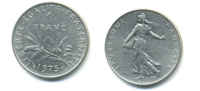 ФРАНЦИЯ 1 ФРАНК 1975 СЕЯТЕЛЬ KM 925.1 никель 57-247