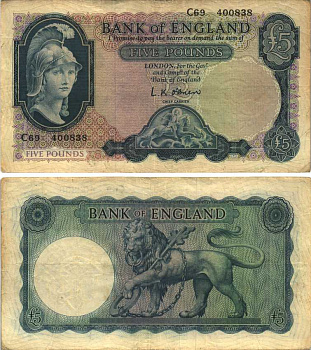 АНГЛИЯ 5 ФУНТОВ 1957-1961 ПОДПИСЬ L.K. O'BRIEN Pick 371a бумага VF 7218-31-2