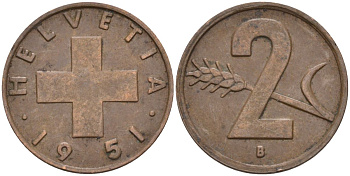 Швейцария 2 раппена 1951 В KM 47 бронза 4114-612