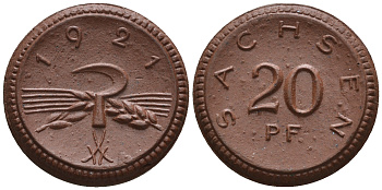 Саксония 20 пфеннигов 1921 колосья и серп J. N 53 фарфор UNC 1094-8-81