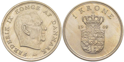 ДАНИЯ 1 КРОНА 1969 C;S, ФРЕДЕРИК IX (1947-1972) KM 851.1 медно-никель 202-817