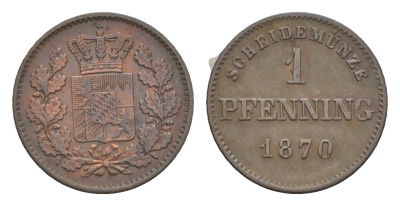 Бавария 1 пфенниг 1870 Людвиг II (1864-1886) KM 856 медь 4649-465