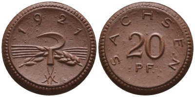 Саксония 20 пфеннигов 1921 колосья и серп J. N 53 фарфор UNC 1094-8-81