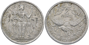 Французская Новая Каледония 2 франка 1982 птица кагу, (IEOM) KM 14, Schoen 11, Lec 62 алюминий    27-536