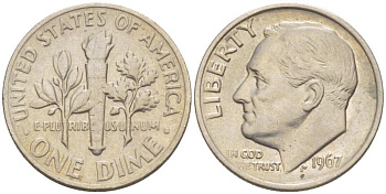 США 10 центов (дайм) 1967 Рузвельт KM 195а медь плакированная медно-никелем 211-1263