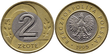 Польша 2 злотых 1995 MW KM 283 биметалл 51-1125