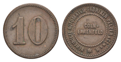 Кельн-Эренфельд 10 пфеннигов ND Объединенная фабрика торговых автоматов Пельцер медь 4528-732