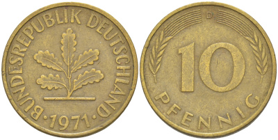ФРГ 10 ПФЕННИГОВ 1971 D KM 108, J. 383 сталь плакированная латунью 4182-821