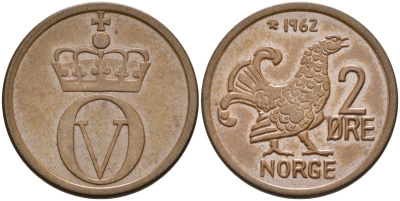 Норвегия 2 эре 1962 глухарь, Улаф V (1958-1991) KM 410 бронза UNC 4582-525