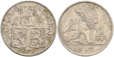 Бельгия 1 франк 1940 BELGIE-BELGIQUE KM 120 никель 4592-454