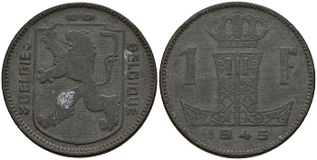 Бельгия 1 франк 1945 Belgie - Belgique, Леопольд III (1934-1947), германская оккупация, Вторая мировая война KM 128 цинк 4161-554