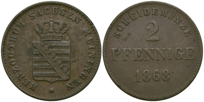 Саксен-Мейнинген 2 пфеннига 1868 Георг II (1866-1914) KM 174 медь 99-659