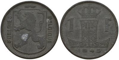 Бельгия 1 франк 1945 Belgie - Belgique, Леопольд III (1934-1947), германская оккупация, Вторая мировая война KM 128 цинк 4161-554