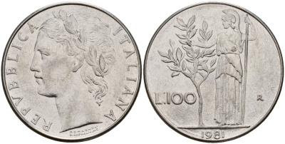 Италия 100 лир 1981 R, Афина у оливкого дерева KM 96.1 нержавеющая сталь 4149-1233
