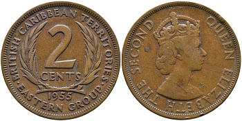Британские Восточно-Карибские территории 2 цента 1955 Елизавета II (1952-2022) KM 3 бронза 4531-1241