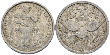 Французская Новая Каледония 2 франка 1983 птица кагу, (IEOM) KM 14, Schoen 11, Lec 63 алюминий    27-557