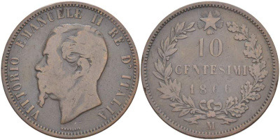 ИТАЛИЯ 10 ЧЕНТЕЗИМО 1866 M, МОНДВОР МИЛАН, ВИКТОР ЭММАНУИЛ II (1861-1878) KM 11.1 медь 4526-744