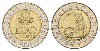 Португалия 100 эскудо 1991 Педру Нуниш (1502-1578), математик KM 645 биметалл aUNC 4388-332