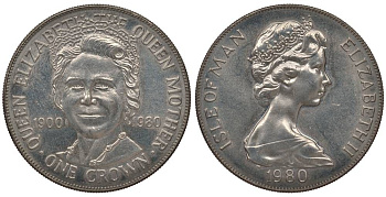 Остров Мэн 1 крона 1980 80 лет королеве Елизавете, королеве-матери KM 68 медно-никель UNC 01-164-34