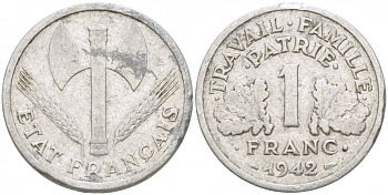 ФРАНЦИЯ 1 ФРАНК 1942 LB, ТИП LOURDЕ, ПРАВИТЕЛЬСТВО ВИШИ KM 902.1, LE FRANC 222.2 алюминий 77-916