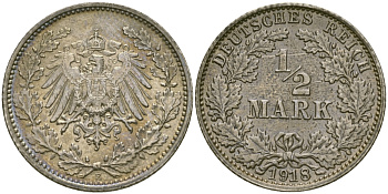 ГЕРМАНИЯ 1/2 МАРКИ 1918 E J. 16, KM 17 серебро UNC 65-311