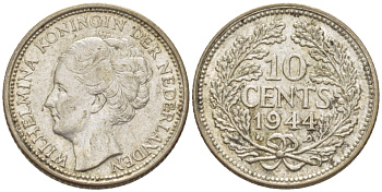 Нидерланды 10 центов 1944 Вильгельмина (1890-1948) KM 163 серебро aUNC 4392-1016