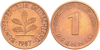 ФРГ 1 ПФЕННИГ 1987 J KM 105, J.380 сталь плакированная медью 4396-1538