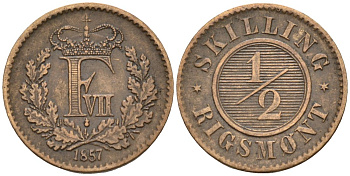 Дания 1/2 скиллинга ригсмонт 1857 Фредерик VIII (1848-1863) KM 767 бронза 188-1239