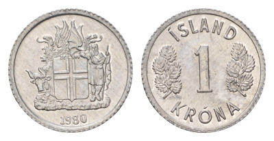 Исландия 1 крона 1980 KM 23 алюминий UNC 4687-819