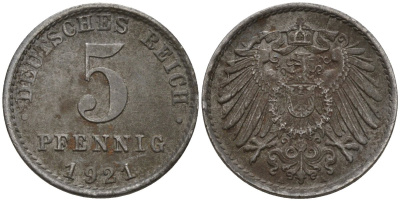 Германия 5 пфеннигов 1921 A KM 19, J. 297 железо 4151-638