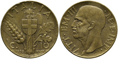 Италия 10 чентезимо 1939 R, Виктор Эммануил III (1900-1946), VII год KM 74а алюминиевая бронза 4175-321