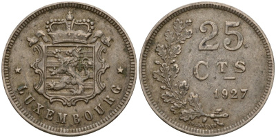 Люксембург 25 сантимов 1927 Шарлотта (1918-1964) KM 37 медно-никель 4577-921