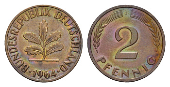 ФРГ 2 пфеннига 1964 J KM 106, J. 381 бронза 4682-1117