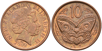 Новая Зеландия 10 центов 2007 маска Маори, Елизавета II (1952-) KM 117а сталь плакированная медью 4579-1253